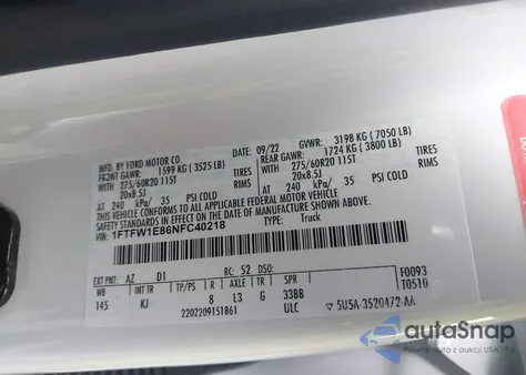 2022 Ford F-150 King Ranch z USA, uszkodzony, nr VIN 1FTFW1E86NFC40218